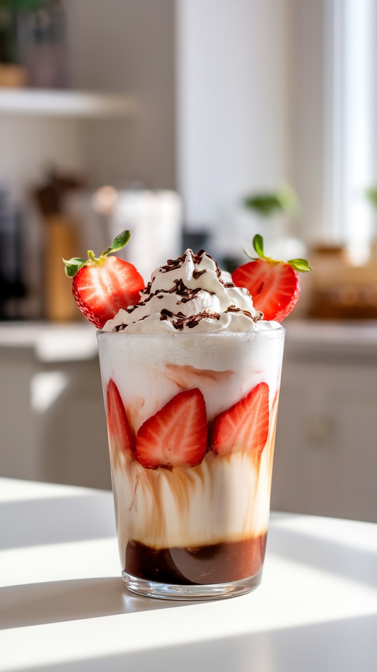 A visually appealing Strawberry Coffee Whipped Latte with coffee and strawberry whipped cream, garnished with strawberries and chocolate shavings.